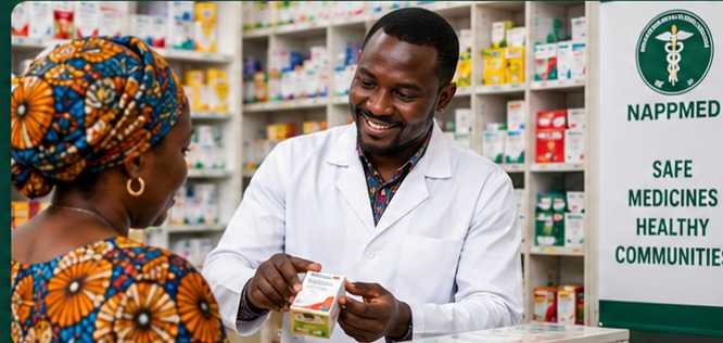 Nigerian patent medicine dealer assisting a customer in a pharmacy